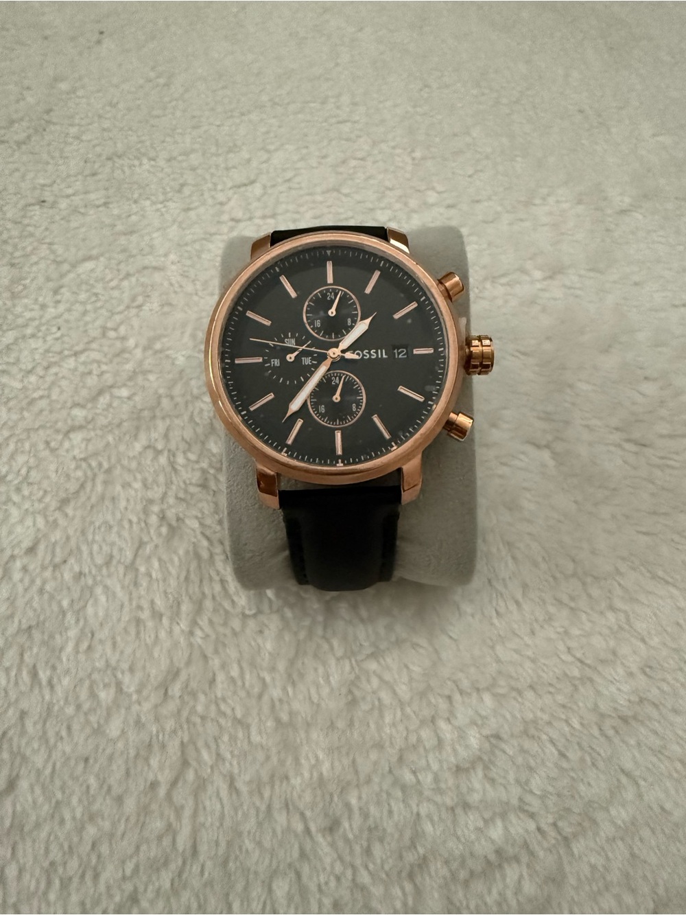 Fossil Men's Black Dial Watch with Rose Gold-Tone Case